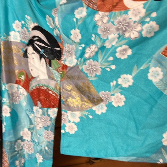 Beautiful Authentic Japanese Vintage Floral Geisha Teal Kimono Robe cotton Japan - Picture 9 of 12